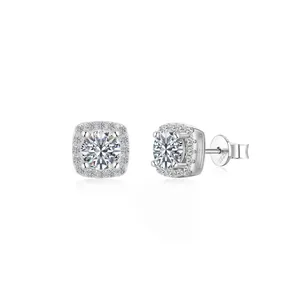 Elegant 925 Sterling Silver Moissanite Stud Earrings For Women Square Halo Dainty Minimalist Jewelry Wedding Anniversary Gift
