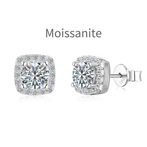 Sparkling S925 sterling silver square moissanite halo stud earrings with brilliant round cut stones
