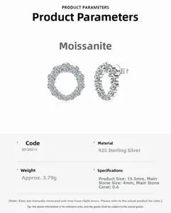 Detail view of S925 sterling silver hoop earrings with 0.6ct moissanite stones and dimensions