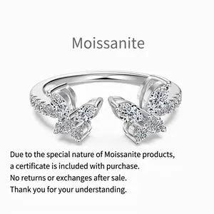 Moissanite 925 Sterling Silver Butterfly Open Ring For Women Elegant Marquise Cut Double Butterfly Adjustable Finger Jewelry