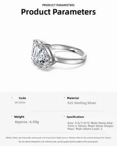Detailansicht des Moissanit Rings im Birnenschliff mit 925 Silber und Größentabelle