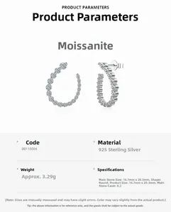 Detailed specs of S925 silver U-shape earrings with moissanite diamonds on white background