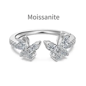 Elegant 925 sterling silver open ring with marquise moissanite butterfly design