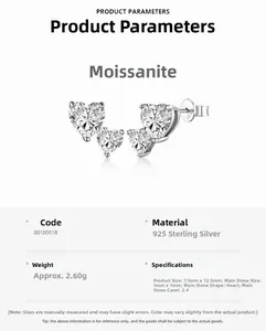 Détails des boucles d'oreilles moissanite en argent 925 en forme de cœur avec mesures