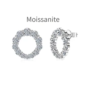 S925 sterling silver hollow hoop stud earrings with moissanite stones on white background