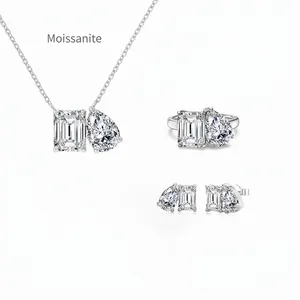 S925 Sterlingsilber Moissanit Schmuckset Toi Et Moi Smaragd Birnenschliff Stein Halskette Ohrringe Ring Für Damen Hochzeit