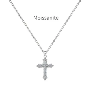 Sparkling Moissanite cross pendant necklace in S925 sterling silver with a sleek cable chain