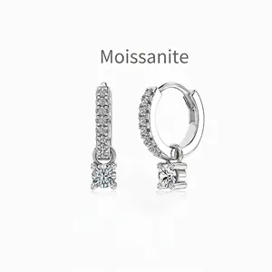 925 Sterling Silver Moissanite Hoop Drop Earrings Round Cut D Color VVS1 Elegant Jewelry For Women Wedding Anniversary
