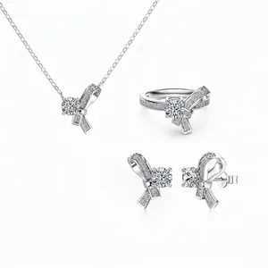 Exquise Collection de Bijoux en Argent Sterling 925 Moissanite avec Nœud Collier Boucles d'Oreilles Bague pour Femme