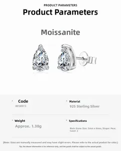 Detailed specs for 2 carat pear-shaped moissanite studs in 925 sterling silver