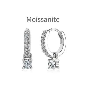 Elegant S925 sterling silver moissanite hoop earrings with round brilliant cut pendants