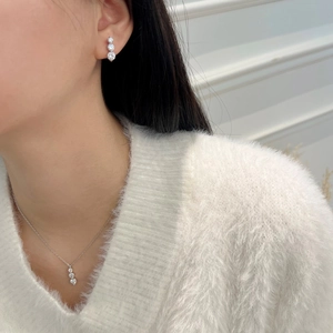 Detail showing S925 sterling silver moissanite necklace and earrings on model