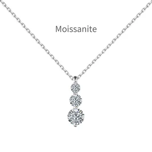 Elegant S925 sterling silver necklace with three graduated round moissanite stones