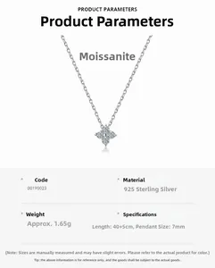 Collier trèfle en argent S925 avec moissanite, dimensions et détails techniques