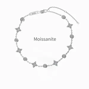 Moissanite 925 Sterling Silver Bracelet For Women Luxury Round Four-Leaf Flower Design Wedding Party Jewelry Gift