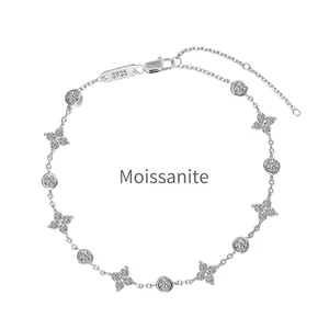 S925 sterling silver clover moissanite bracelet with elegant round floral design