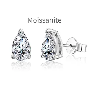Elegant pear cut Moissanite stud earrings in S925 sterling silver with three-prong setting