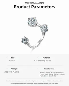 Détail macro de la bague en argent 925 avec dimensions et pierres moissanite de 1,2 carat
