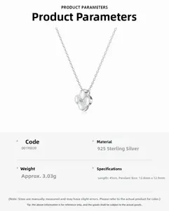 Détail macro du collier trèfle en argent S925 avec dimensions et spécifications du poids