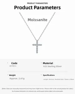 Detailed view of S925 sterling silver cross pendant necklace with moissanite stones