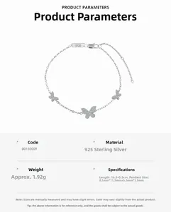 Detailed technical diagram of a 925 sterling silver butterfly bracelet with dimensions