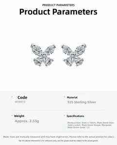 Detailed specs of s925 silver butterfly earrings with 1.2ct marquise moissanite stones