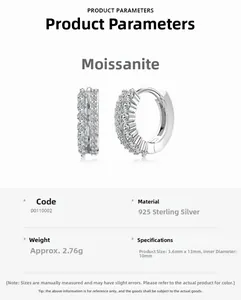 Detailed specs of S925 silver moissanite hoop earrings showing 13mm size and weight