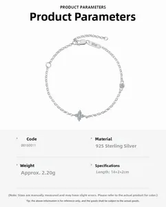 Detail of 925 sterling silver bracelet showing clover charm and size specifications