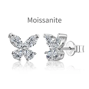 Sparkling S925 sterling silver butterfly moissanite stud earrings with mirror reflection