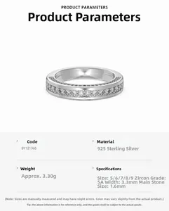 Détails de la bague en argent 925 avec zircons 5A et largeur de bande 3,3 mm