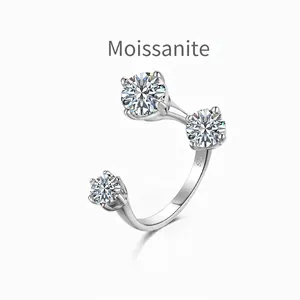 Bague en Argent Sterling 925 avec Moissanite pour Femme Coupe Ronde Couleur D VVS1 Trois Pierres Bague Ouverte Réglable Bijoux