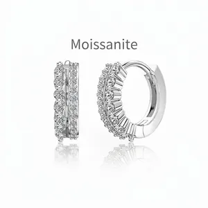 925 Sterling Silver Moissanite Hoop Earrings For Women White Gold Plated Double Row Pave Circular Geometric Earrings Commute Jewelry