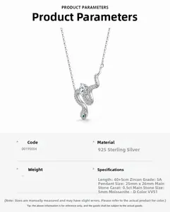 S925 Silber Schlangenkette Spezifikationen mit 0,5ct Moissanit Anhänger und Ketten-Details