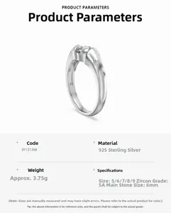 Detailed specs of S925 sterling silver ring with 6mm 5A zircon and star accents
