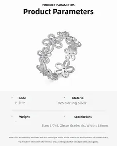 Macro-detail van S925 sterling zilveren opengewerkte bloemring met 5A zirkoonstenen