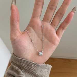 Detailed view of S925 sterling silver necklace featuring a square cushion halo pendant