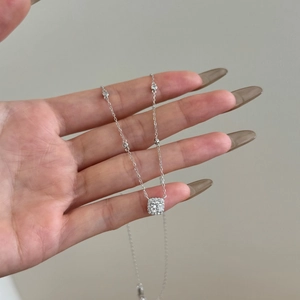 Elegant S925 sterling silver necklace with square halo pendant and inset small diamonds