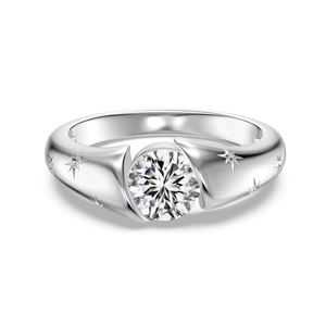 S925 sterling silver ring with large round solitaire and star engraved band details