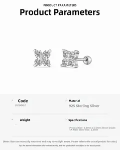 Detailed view of 925 sterling silver stud earrings with 5A grade square cubic zirconia
