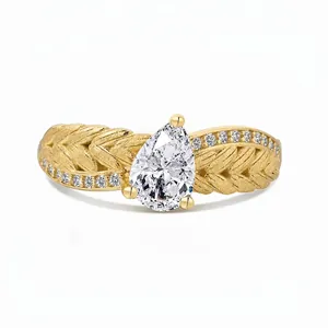 Bague en Argent Sterling 925 Zirconia Taille Poire Vintage Gravé Épi de Blé Plaqué Or Bijoux Femme Mariage
