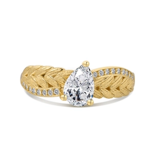 Bague en argent S925 avec diamant poire, motif épi de blé et finition dorée