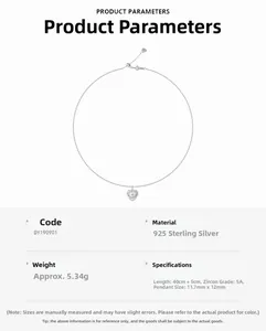 Detailed specifications of S925 sterling silver heart pendant with 5A zircon inlay