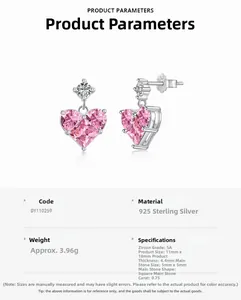 Detailed specs of S925 silver earrings with 0.75ct pink heart-shaped zirconia stones