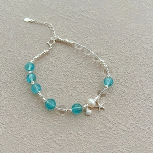 S925 Sterling Silver Ocean Bracelet with Blue Crystal Beads and Starfish Charms