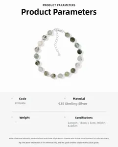 Detailed spec sheet for S925 silver bracelet with green crystals and freshwater pearls