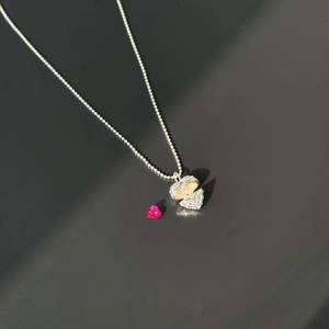 S925 sterling silver heart locket necklace with pink gemstone and floral engraving