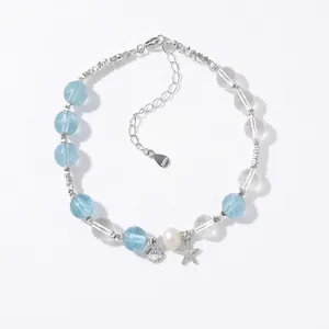 925 Sterling Silver Beaded Bracelet With Blue Crystal Artificial Pearl Starfish Shell Charms Summer Ocean Theme Jewelry For Women
