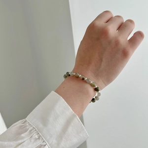 Handmade S925 silver bracelet featuring natural green rutilated quartz and freshwater pearls