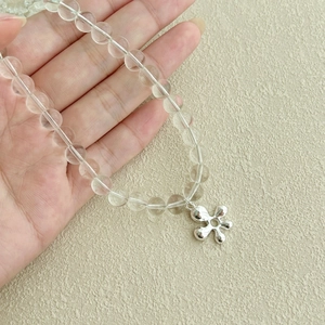 Handmade S925 sterling silver flower pendant necklace with clear crystal beads