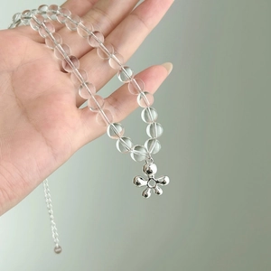 S925 sterling silver necklace with clear crystal beads and polished flower pendant
